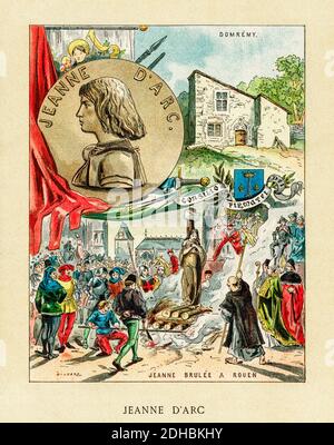 Altkolorit Lithographie Porträt von Jeanne d'Arc. Jeanne d'Arc (1412-1431) hat den Spitznamen die Jungfrau von Orleans. La Pucelle d’Orléans. Heldin von Frankreich für ihre Rolle während der Lancaster Phase des Hundertjährigen Krieges, und wurde als katholische heilige heilig gesprochen. Verbrannt auf dem Scheiterhaufen am 30. Mai 143. Symbol der Katholischen Liga. Nationales Symbol von Frankreich durch Beschluss von Napoleon Bonaparte.Seliggesprochen im Jahr 1909 und heilig gesprochen im Jahr 1920. Frankreich. Les Français Illustres von Gustave Demoulin 1897 Stockfoto