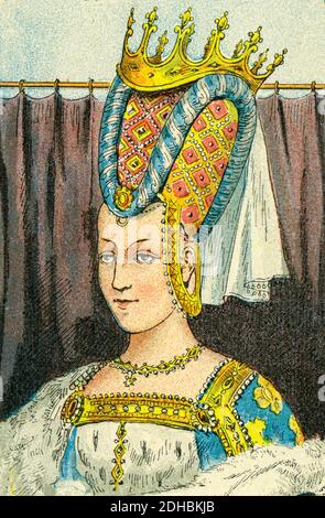 Altkolorit Lithographie Porträt von Isabeau von Bayern. Elisabeth von Bayern-Ingolstadt (1370-1435) Königin von Frankreich zwischen 1385 und 1422. Sie wurde im Haus Wittelsbach geboren. Ehefrau von König Karl VI. Von Frankreich. Regent des Delphins von Frankreich. Les Français Illustres von Gustave Demoulin 1897 Stockfoto