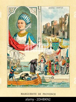 Altkolorit Lithographie Porträt von Margarete von Provence. Marguerite de Provence, Margarete von der Provence (1221-1295) Königin von Frankreich als Ehefrau von König Ludwig IX. Frankreich. Les Français Illustres von Gustave Demoulin 1897 Stockfoto