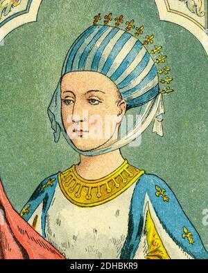 Altkolorit Lithographie Porträt von Margarete von Provence. Marguerite de Provence, Margarete von der Provence (1221-1295) Königin von Frankreich als Ehefrau von König Ludwig IX. Frankreich. Les Français Illustres von Gustave Demoulin 1897 Stockfoto