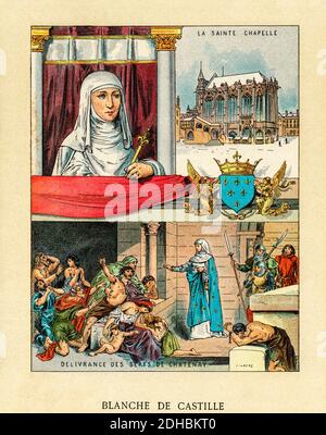 Altkolorit Lithographie Porträt von Blanche von Kastilien. Blanca de Castilla (1188-1252) Königin Gemahlin von Frankreich durch Heirat mit Louis VIII.. Frankreich. Les Français Illustres von Gustave Demoulin 1897 Stockfoto