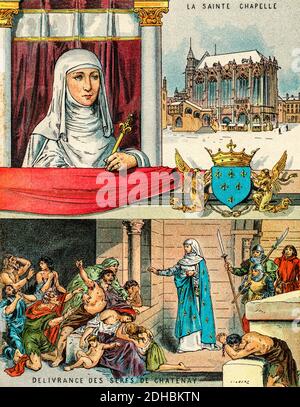 Altkolorit Lithographie Porträt von Blanche von Kastilien. Blanca de Castilla (1188-1252) Königin Gemahlin von Frankreich durch Heirat mit Louis VIII.. Frankreich. Les Français Illustres von Gustave Demoulin 1897 Stockfoto