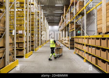 Die ganze Länge der älteren männlichen Lagerarbeiter schieben Wagen auf Gang im Industriegebäude Stockfoto