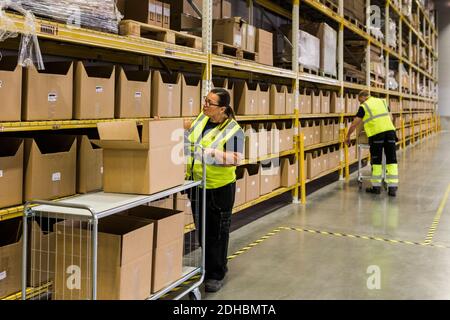 Die ganze Länge der Arbeiterin schiebt Wagen mit Kartons Per Rack gegen Mitarbeiter im Lager Stockfoto