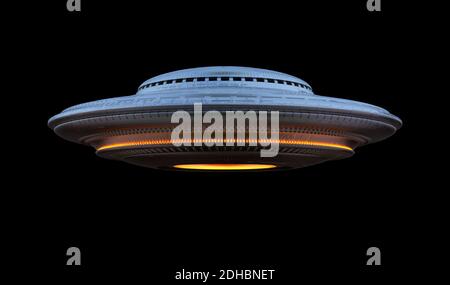 Nicht identifiziertes fliegendes Objekt UFO (über schwarz) mit Clipping-Pfad enthalten. 3D-Illustration. Stockfoto