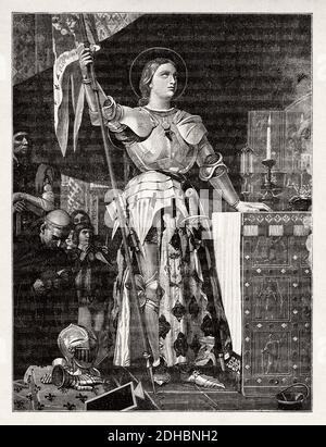 Porträt der Jeanne d'Arc bei der Krönung Karls VII. In der Kathedrale von Reims. Jeanne d'Arc (1412-1431) hat den Spitznamen die Jungfrau von Orleans. La Pucelle d’Orléans. Heldin von Frankreich für ihre Rolle während der Lancaster Phase des Hundertjährigen Krieges, und wurde als katholische heilige heilig gesprochen. Verbrannt auf dem Scheiterhaufen am 30. Mai 143. Symbol der Katholischen Liga. Nationales Symbol von Frankreich durch Beschluss von Napoleon Bonaparte.Seliggesprochen im Jahr 1909 und heilig gesprochen im Jahr 1920. Frankreich. Les Français Illustres von Gustave Demoulin 1897 Stockfoto