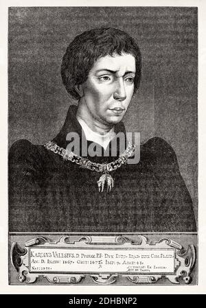 Charles le Temeraire (1433-1477) Karl der Kühne, Herzog von Burgund, von seinen Feinden als Karl der schreckliche bekannt, war der letzte Valois. Frankreich. Alte XIX Jahrhundert Gravur Illustration. Les Français Illustres von Gustave Demoulin 1897 Stockfoto