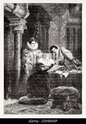 Marie de Medici (Florenz 1575 - Köln 1642) mit Leonora Galigai und Concino Concini. Frankreich. Alte XIX Jahrhundert Gravur Illustration. Les Français Illustres von Gustave Demoulin 1897 Stockfoto