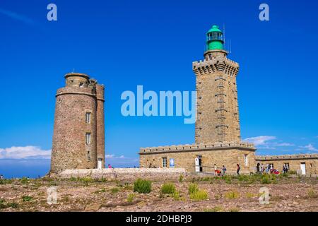 Frehel, Bretagne, Frankreich - 25. August 2019: PHARE Du Cap Frehel - Leuchtturm am Kap Frehel, Cotes-d'Armor, Bretagne, Nordfrankreich Stockfoto