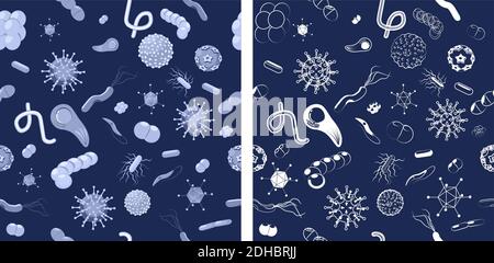 Zwei nahtlose Muster mit Bakterien und Viren. Vektor-Hintergrund für Ihr Design, biologische, Wissenschaft und pädagogische Verwendung Stock Vektor
