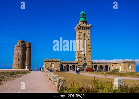 Frehel, Bretagne, Frankreich - 25. August 2019: PHARE Du Cap Frehel - Leuchtturm am Kap Frehel, Cotes-d'Armor, Bretagne, Nordfrankreich Stockfoto