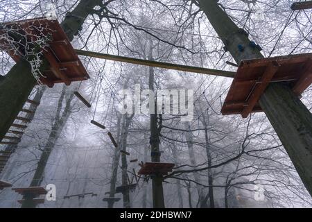 Leere Adrenalin Seil Spielplatz in Baumstämmen in nebligen und Nebliger Winterwald Stockfoto