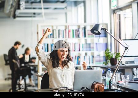 Fröhliche Geschäftsfrau mit geballter Faust Blick auf Laptop im Büro Stockfoto