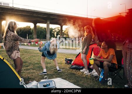 Fröhliche Freunde, die auf dem Rasen beim Musikfestival Limbo tanzen Im Sommer Stockfoto