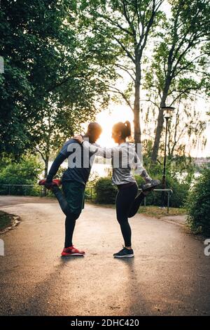 Volle Länge der männlichen und weiblichen Athleten Strecken Beine während Stehen auf der Straße im Park Stockfoto