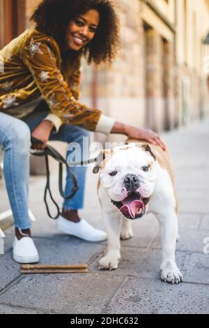 Nahaufnahme einer englischen Bulldogge, die mit einer Frau im Hintergrund sitzt Stockfoto