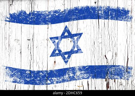 Grunge Flagge Israels auf alt verwitterten weiß bemalten Holz Oberflächenhintergrund Stockfoto