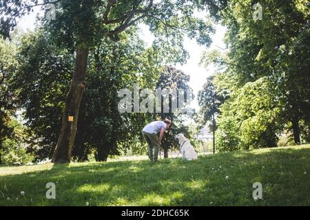 Volle Länge des Mannes, der mit Hund auf grasbewachsenem Feld spricht Gegen Bäume im Park Stockfoto