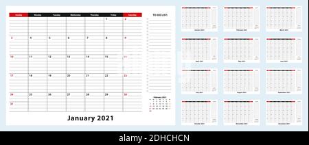 Vector Monthly Desk Pad Calendar, Januar 2021 – Dezember 2021. Kalenderplaner mit To-Do-Liste und Ort für Notizen. Vektorgrafik. Stock Vektor