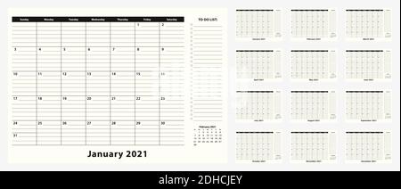 Monatlicher Business Desk Pad Kalender für das Jahr 2021, 12 Monat. Kalenderplaner mit To-Do-Liste und Platz für Notizen in schwarz-weiß-Design. Stock Vektor