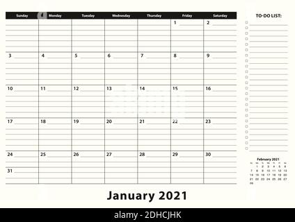 Januar 2021 Monatlicher Business Desk Pad Kalender. Januar 2021 Kalenderplaner mit To-Do-Liste und Platz für Notizen in schwarz-weiß-Design. Stock Vektor