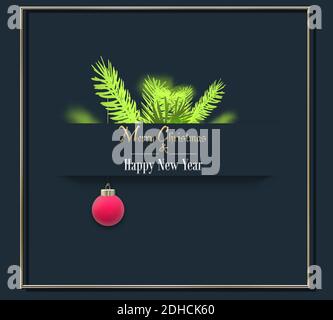 Moderne, abstrakte Weihnachtskarte mit Tannenzweigen, 3d realistische Kugel auf dunkelblauem schwarzem Hintergrund. Goldtext mit Weihnachten w Stockfoto