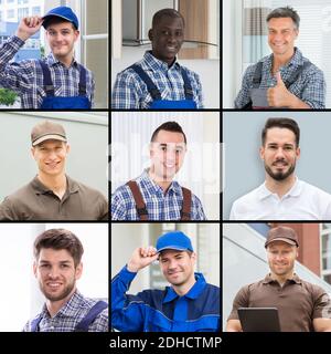 Diverse Workman Engineer Worker Collage Portrait Set Stockfoto