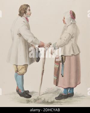 Weiblich och man med käpp. Akvarell AV C.W. Swedman. JFR Kostüm von Schweden Pl. 19 und 20 Stockfoto