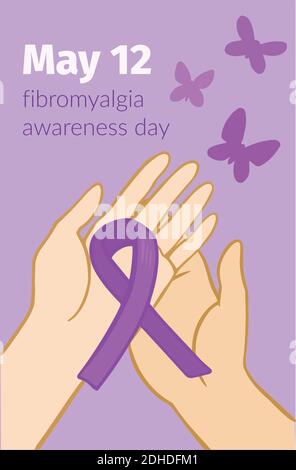 Tag des Bewusstseins für Fibromyalgie. Flyer mit violettem Band in Händen und Schmetterlingen. Stock Vektor