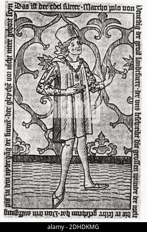 Der gefeierte italienische voyager, Forscher und Memorialist MARCO POLO ( 1254 - 1324 ) , porträtiert auf frontespice der ersten Ausgabe seines Buches IL MILIONE , Gedruckt 1477 - ESPLORATORE - VIAGGIATORE - MEMORIALISTA - SCOPRITORE - Scrittore - Schriftsteller - Letteratura - Letterato - Literatur - medioevo - Mittelalter - Porträt - ritratto - VENEZIA - VENETIEN - VENEZIANO - libro - frontespizio - bibliofilia - bibliophilia - Hut - cappello --- Archivio GBB Stockfoto