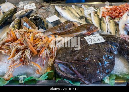 Verschiedene Arten von Fisch und Meeresfrüchten zum Verkauf auf einem Markt in Venedig, Italien Stockfoto