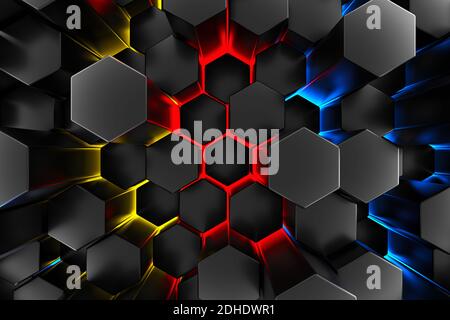 Schwarze Wabenwand. Chaotische Cubes Wandhintergrund. Panorama mit hochauflösendem Hintergrundbild. 3D-Renderdarstellung Stockfoto
