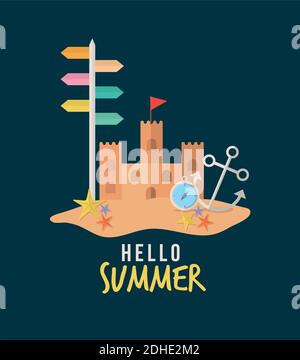 hello Summer Lettering mit Set von Sommer-Icons in einem Blauer Hintergrund Stock Vektor