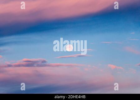 Ein wunderschöner Vollmond in der Dämmerung zwischen Wolken Stockfoto