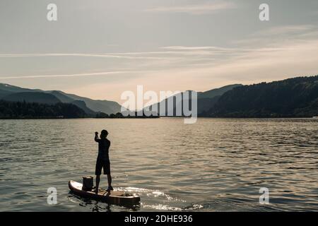 Eine junge Frau paddelt an einem sonnigen Tag auf dem Columbia River mit einem SUP. Stockfoto