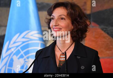 Die ehemalige französische Kulturministerin Audrey Azoulay steht am 10. November 2017 am Hauptsitz der UNESCO in Paris, nachdem die UNESCO-Mitgliedstaaten ihre Ernennung zum Leiter der Kulturagentur genehmigt hatten. Foto von Christian Liewig/ABACAPRESS.COM Stockfoto