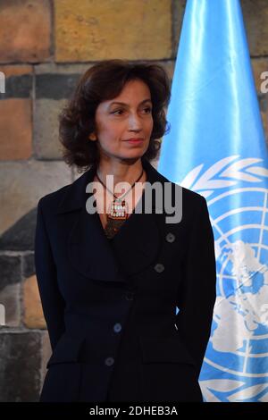 Die ehemalige französische Kulturministerin Audrey Azoulay steht am 10. November 2017 am Hauptsitz der UNESCO in Paris, nachdem die UNESCO-Mitgliedstaaten ihre Ernennung zum Leiter der Kulturagentur genehmigt hatten. Foto von Christian Liewig/ABACAPRESS.COM Stockfoto