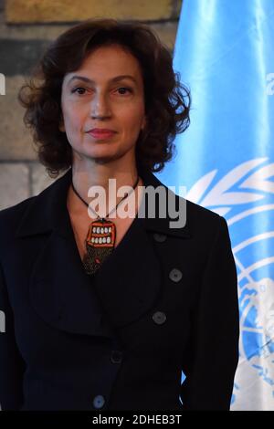 Die ehemalige französische Kulturministerin Audrey Azoulay steht am 10. November 2017 am Hauptsitz der UNESCO in Paris, nachdem die UNESCO-Mitgliedstaaten ihre Ernennung zum Leiter der Kulturagentur genehmigt hatten. Foto von Christian Liewig/ABACAPRESS.COM Stockfoto