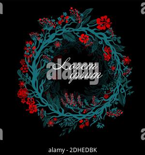 Runder Rahmen mit blauen und roten Blüten und Blättern. Vektorgrafik Stock Vektor
