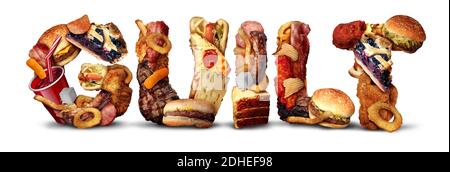 Essen Schuld und Essen fetthaltige High Cholesterinspiegel Zutaten und Süßigkeiten Als Diät-Symbol für Gefühle des Schuldgefühls für Naschen auf Hamburger Kuchen und Stockfoto