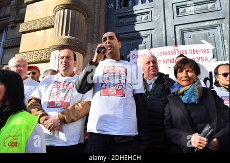 Gerard Filoche bei einer Demonstration zur Unterstützung von 9 Mitarbeitern des PSA Peugeot Poissy-Werks, die beschuldigt wurden, am 2017 16. November vor dem Obergericht in Versailles bei Paris einen Vorgesetzten in der Nähe von Paris einklagen zu haben. 2017. Foto von Christian Liewig/ABACAPRESS.COM Stockfoto