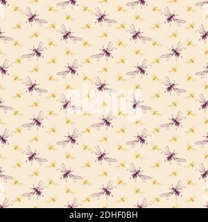 Nahtloses Muster von Freihand-Skizze von fliegenden Bienen, gezeichnet und digitalisiert, in drei Farben. Vektor-Illustration für Mode, Verpackungsdesign, Tapete, Textil, Stoff, Geschenkpapier. Stock Vektor