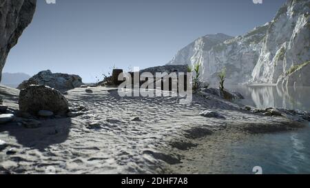Holzfässer mit Meeresfischen am Sandstrand Stockfoto