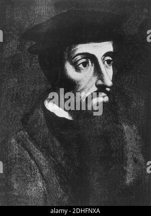 Die französische Religion reformieren Jean CAUVIN ( alias JOHN CALVIN - alias GIOVANNI CALVINO - 1509 - 1564 ) - RELIGIONE - CALVINISMO - CALVINISTA - RELIGIOSO - RIFORMATORE - Portrait - ritratto - hat - cappello - barba - Bart - CALVINISMUS - CALVINISMUS ---- Archivio GBB Stockfoto