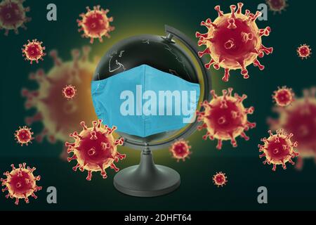 Globus mit medizinischer Maske auf dunklem Hintergrund. Konzept der Coronavirus-Epidemie Stockfoto