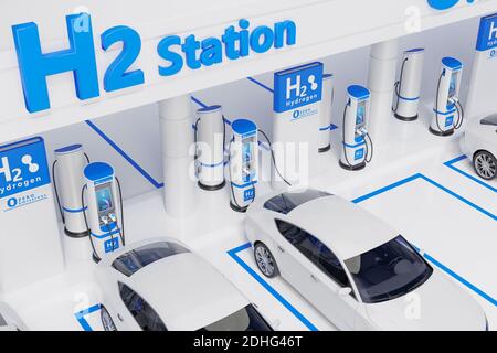 Wasserstoff Kraftstoff Auto Ladestation weiß Farbe visuelle Konzept Design. 3d-Illustration Stockfoto