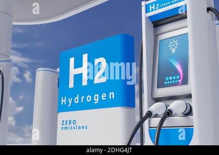 Wasserstoff Kraftstoff Auto Ladestation weiß Farbe visuelle Konzept Design. 3d-Illustration Stockfoto