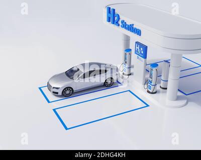 Wasserstoff Kraftstoff Auto Ladestation weiß Farbe visuelle Konzept Design. 3d-Illustration Stockfoto