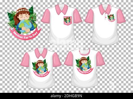 Mutter Erde Tag Logo und Set aus weißem Shirt mit Rosa kurze Ärmel isoliert auf transparentem Hintergrund Illustration Stock Vektor