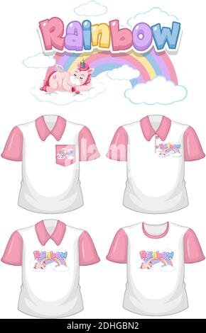 Regenbogen mit Einhorn-Logo und Set aus verschiedenen weißen Hemden Mit rosa kurzen Ärmeln isoliert auf weißem Hintergrund Illustration Stock Vektor